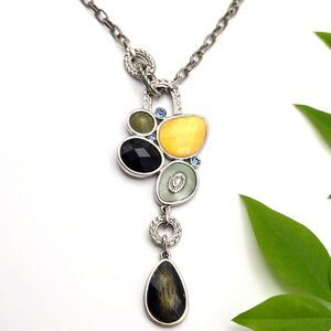 Lia Sophia Silvertone Multicolor Resin Y-Drop Pendant on Oval Link Necklace‎